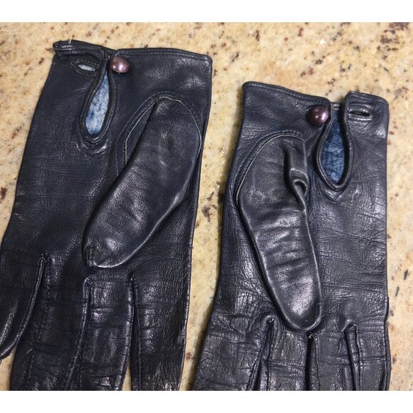 Vintage Womens Size S Blue Leather Formal 7" Short Gloves Pearly Button - Picture 8 of 14